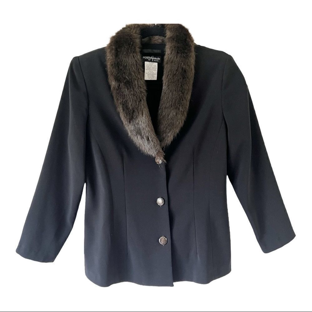 Positive Attitude Black Button Down Faux Fur Blazer Jacket Size 14 Petite